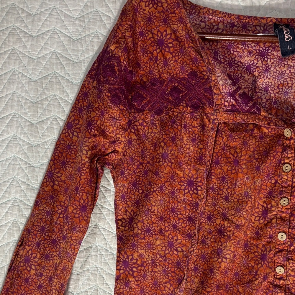 Boho Button-Front Printed Blouse in Rust and Plum - Picture 4 of 9